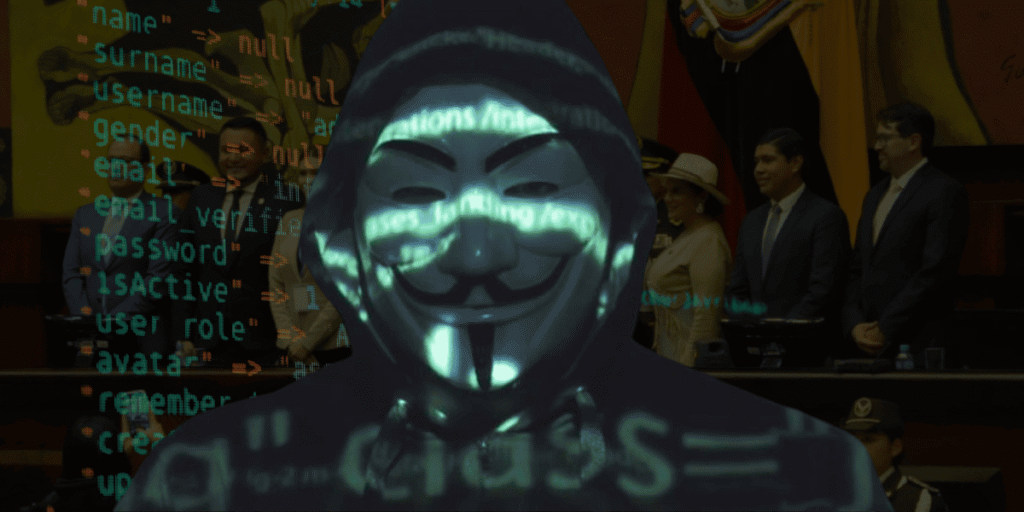 Hacktivista con máscara de Anonymous, con la Asamblea Nacional de fondo