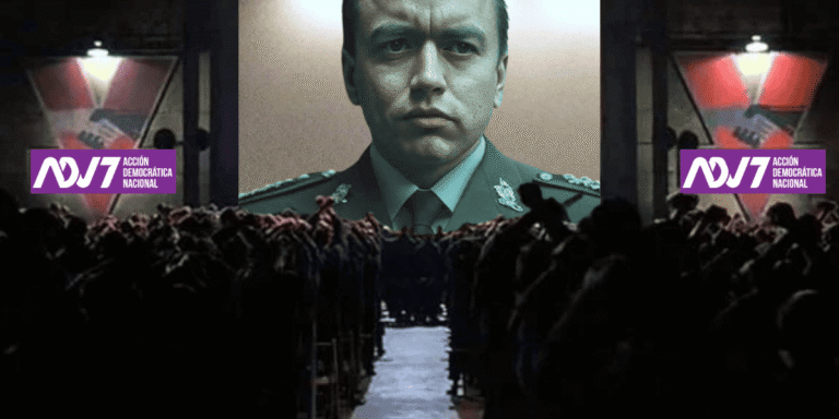 Daniel Noboa con uniforme militar vigilando a la población como El Gran Hermano.